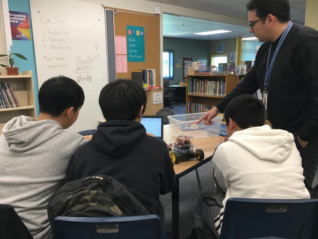 Students building a competition robot in a school robotics club